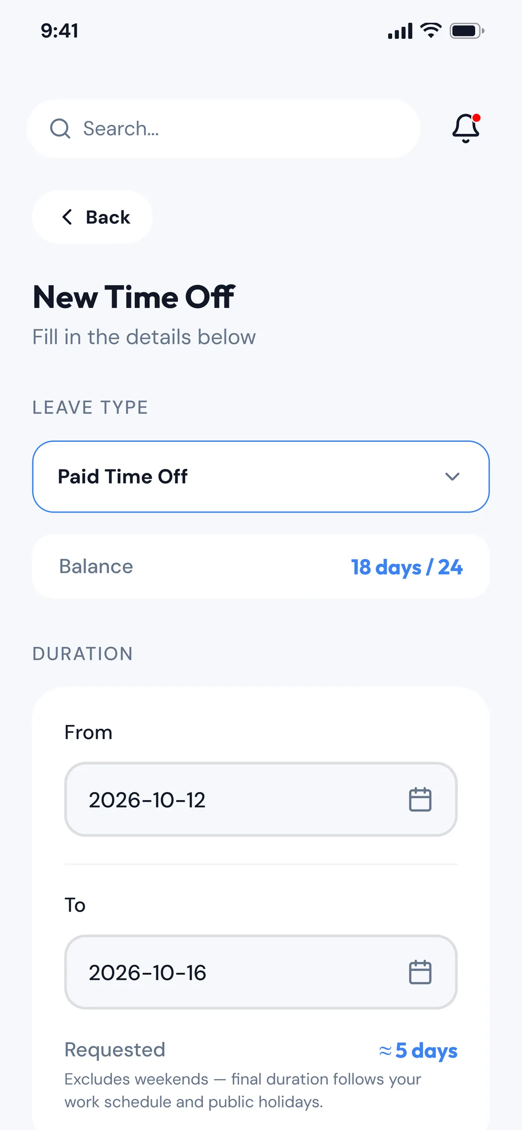 A time off request in Shadow